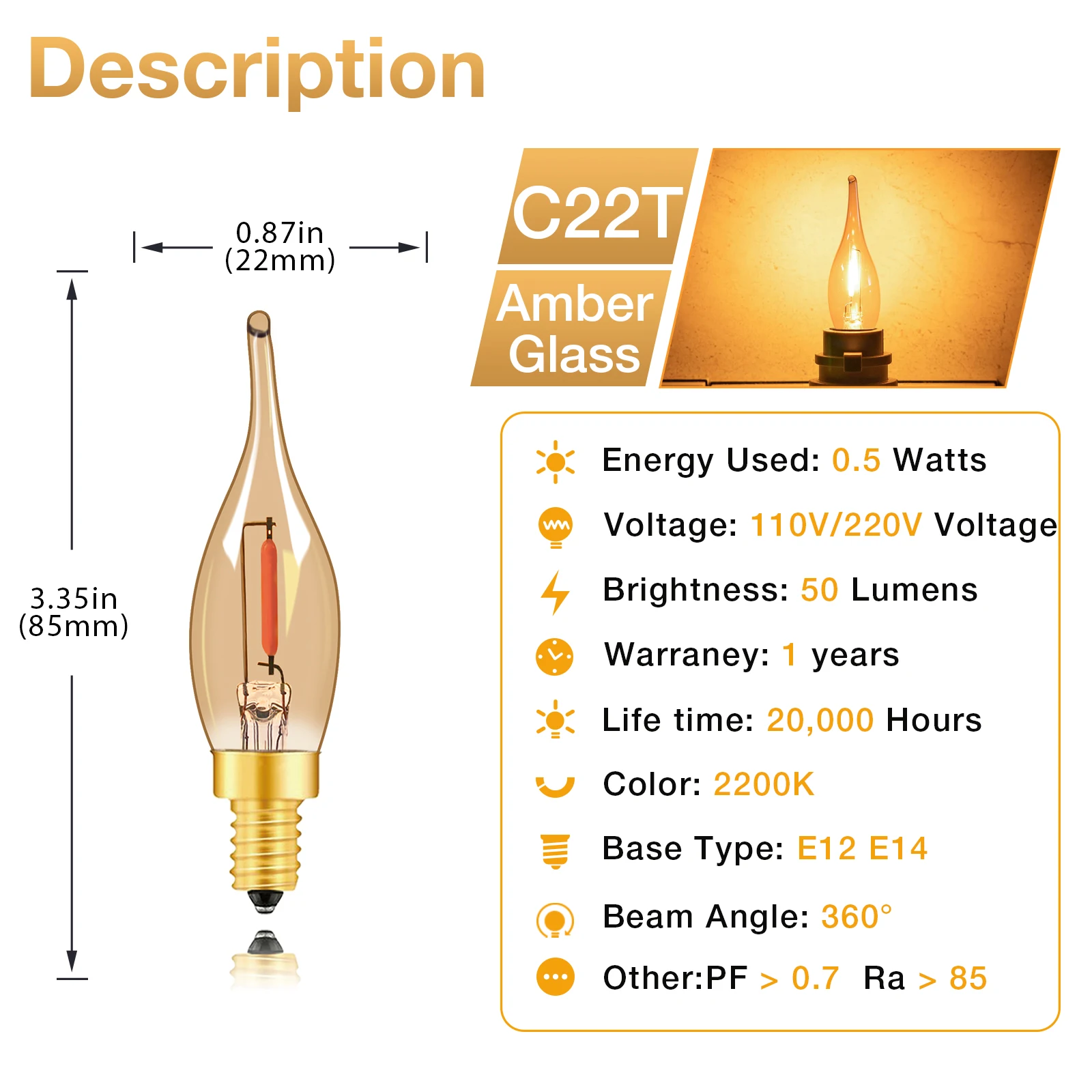 Sphoon LED Vintage Candelabra E12 E14 Bulbs Night Lights 0.5W C22T 2200K 5Watt Equivalent Flame Decorative Amber Chandelier Bulb