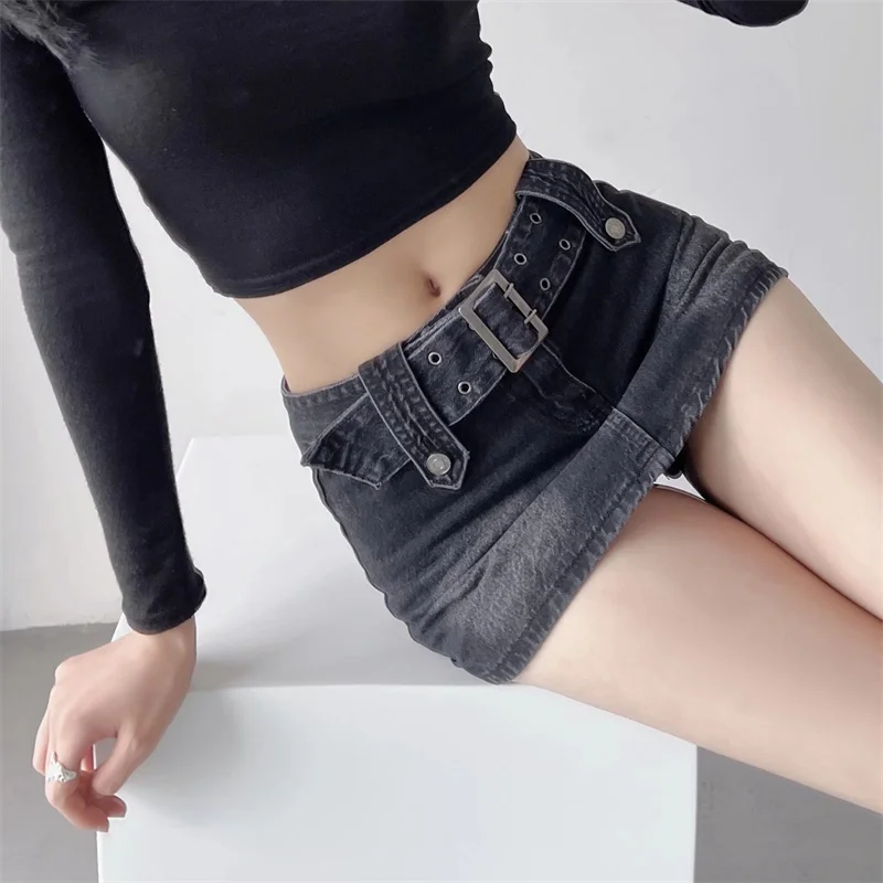 Sweet Cool Short A-Line  Skirt High Waist Belted Trendy Girl Style Retro Low Waist Zipper Closure Straight Leg Jeans