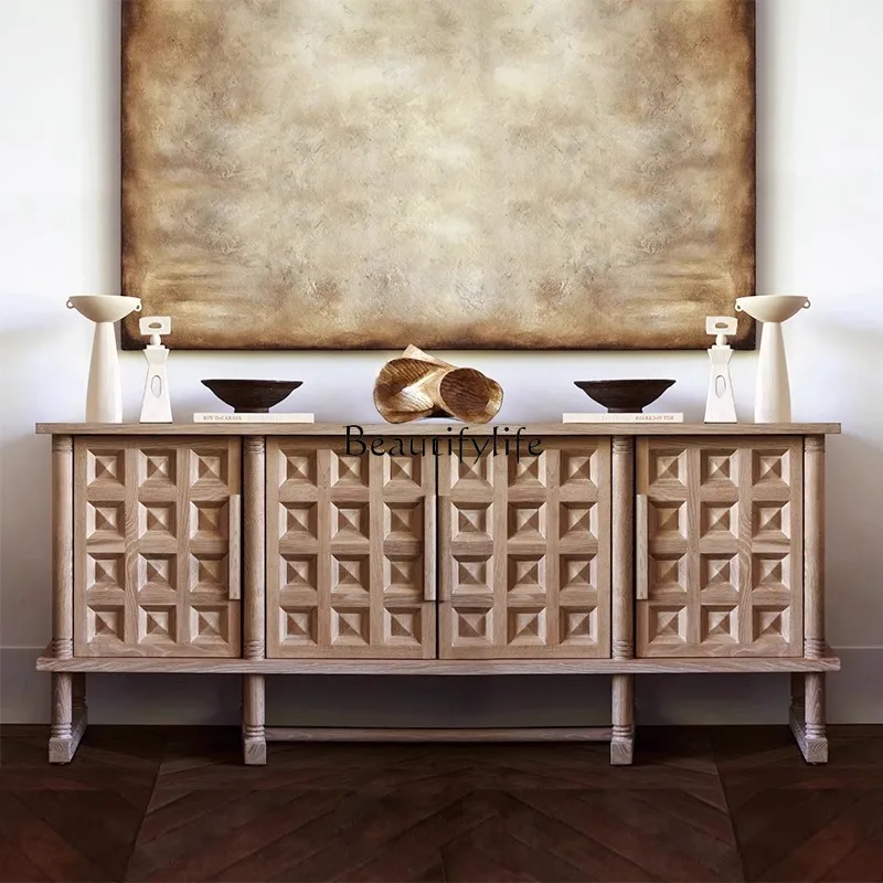

French Retro Sideboard American Carved Solid Wood Wabi-Sabi Style Hallway Display Wall TV Cabinet