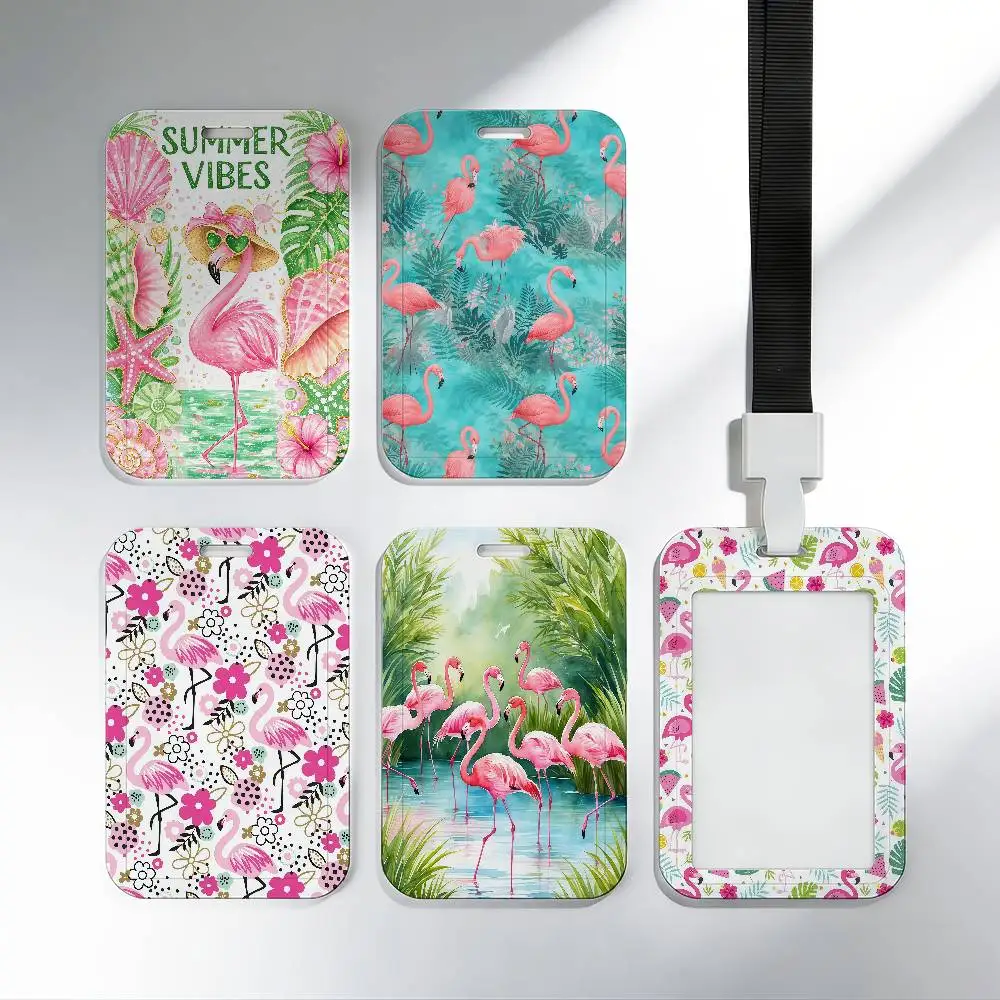 Summer Tropical Flamingos Hibiscus Sliding Card Case ID Name Badge Holder Pass Work Card Cover Students Card Bus Holder