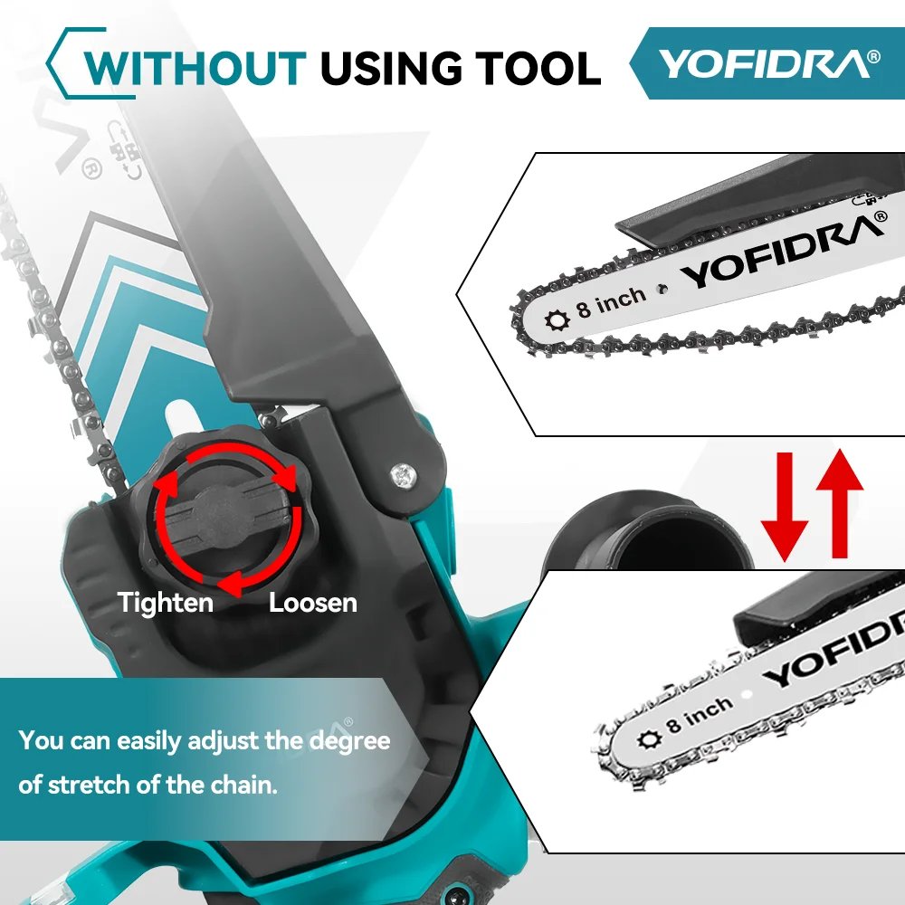 YOFIDRA Brushless 8 Inch Electric Chainsaw Cordless Woodworking Pruning Saw Garden Cutting Power Tool For Makita 18V Battery Pin