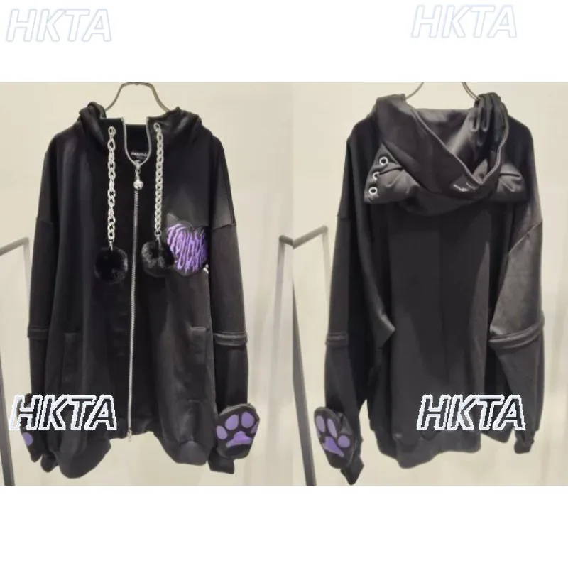 Subculture Dark Y2k Gothic Punk Cute Cartoon Loose Sunscreen Long Sleeves Medium Long Jackets Black Top Autumn Hooded Coat Women