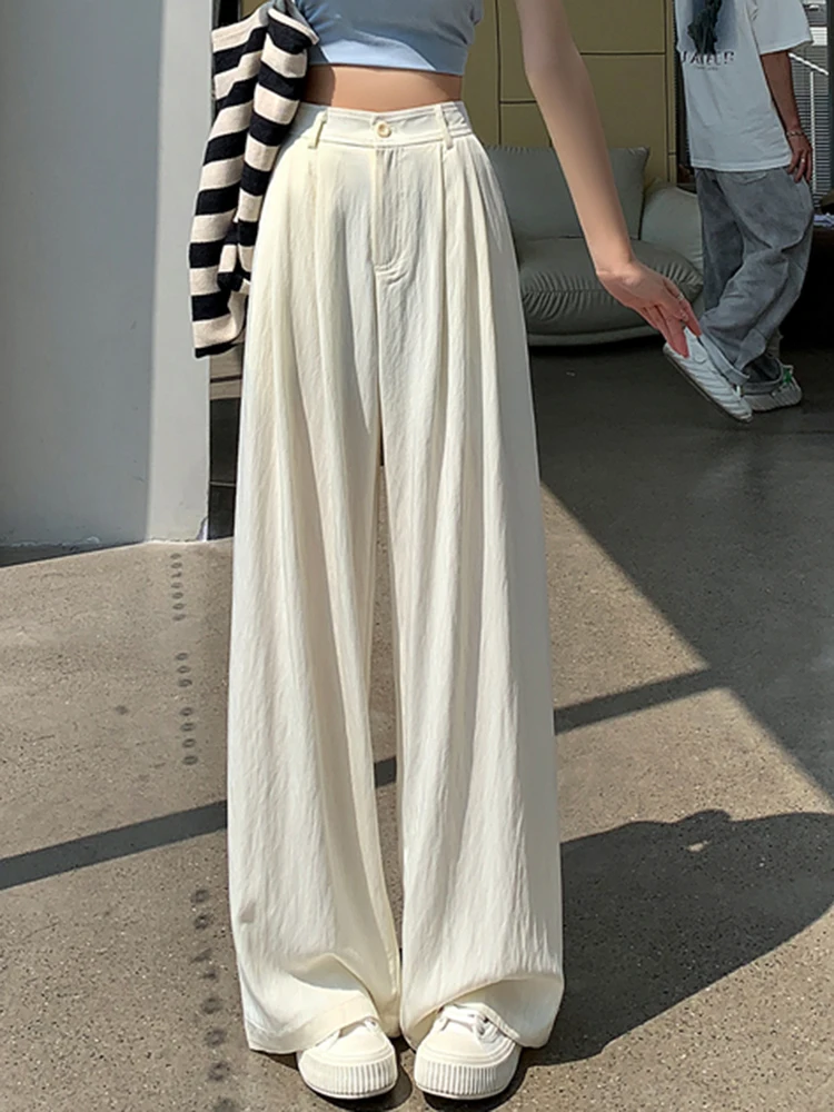 Solid Color Cool High Waist Loose Summer Female Wide Leg Pants Korean Basic Full Length Simple Casual Chicly Pockets Women Pants