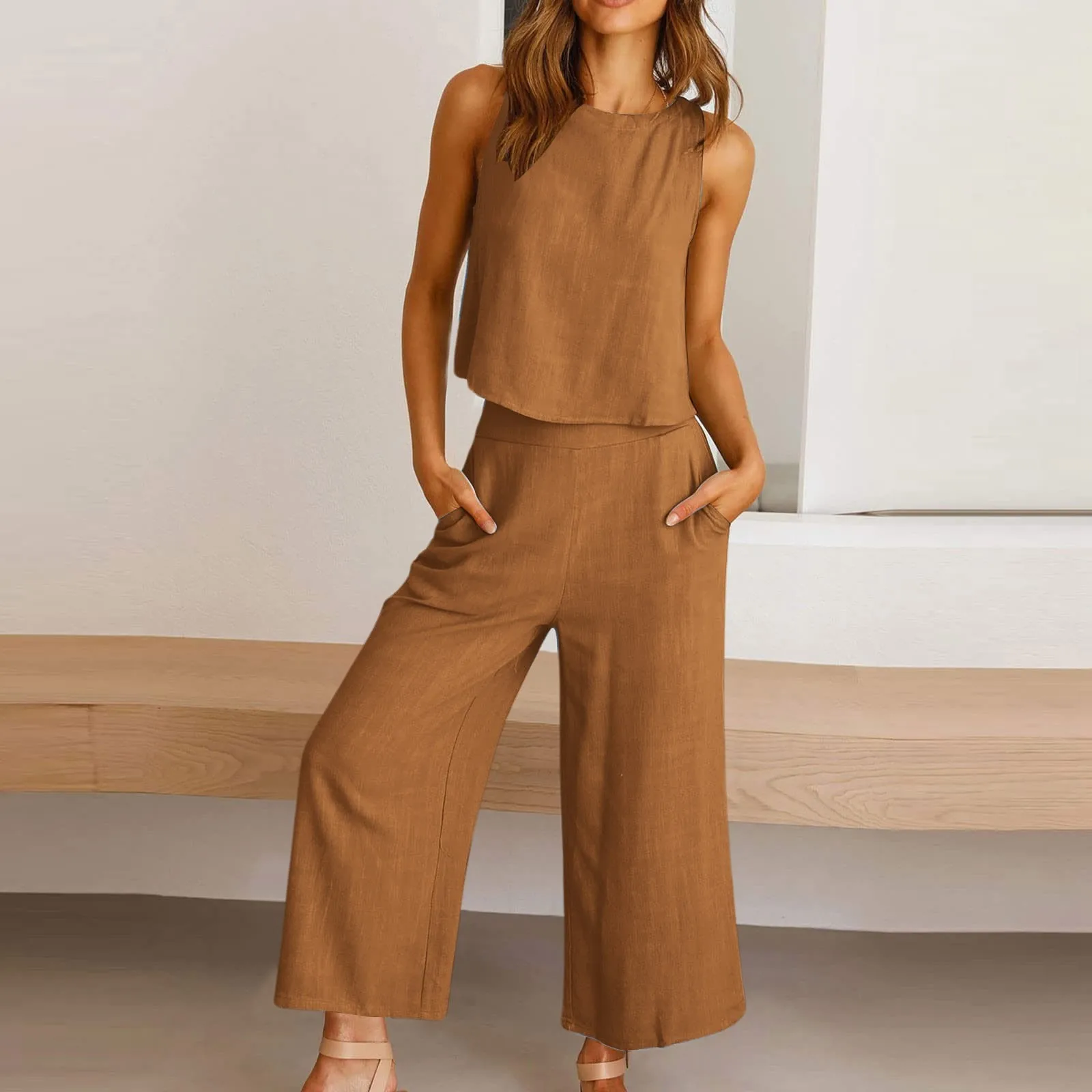 Summer Cotton Linen Women For Sets Sleeveless O-Neck Tank Top Wide Leg Pants Two Piece Suits Female Casual Street Outfits 2024