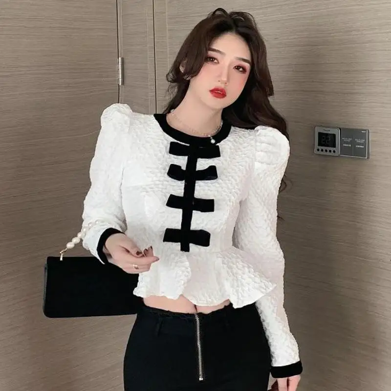 French Style Autumn Shirt Ruffles Women Bow All-Match Female Elegant Blouse Fashion Vintage Basic Puff Long Sleeve Short Tops