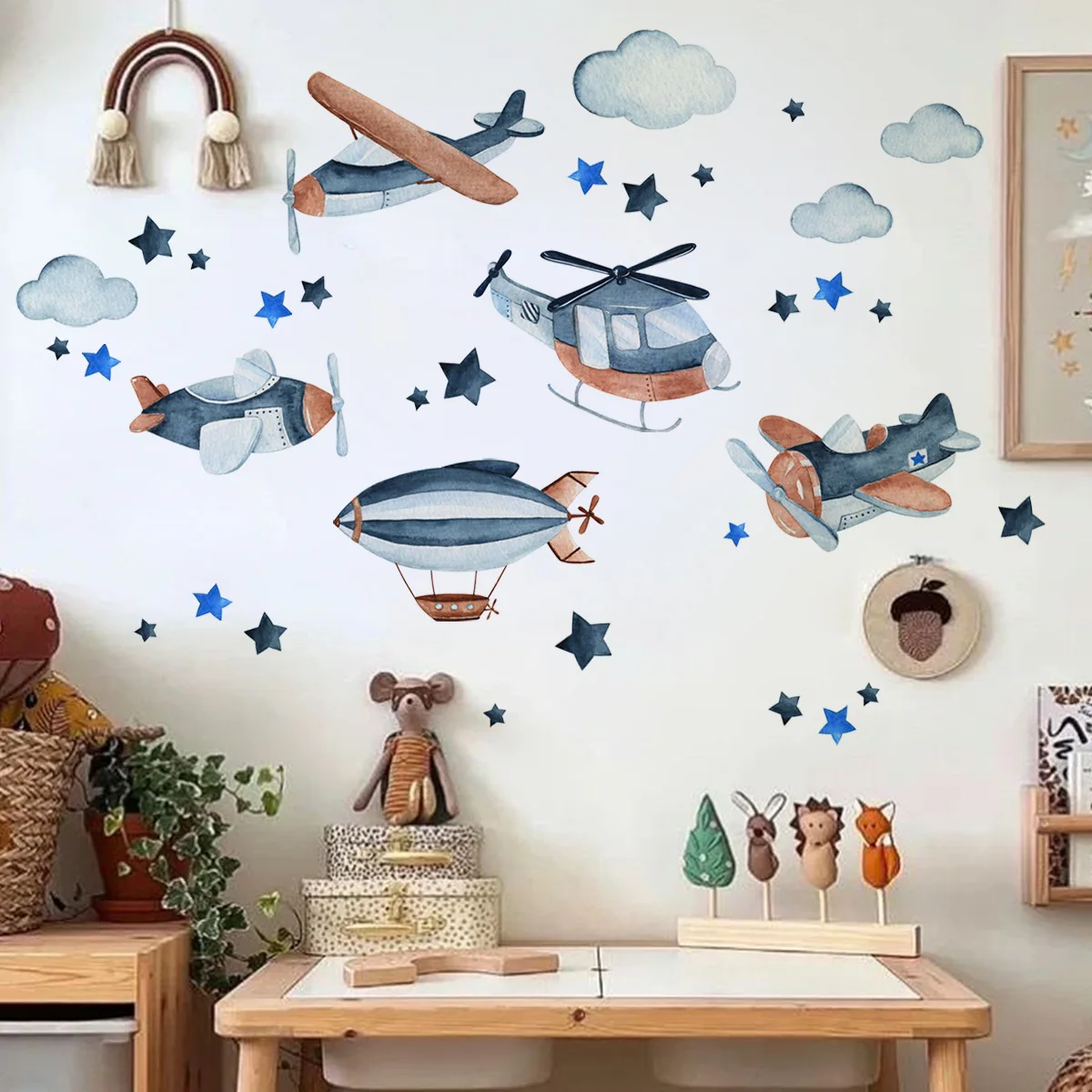 4pcs Creative Spaceship Aircraft Clouds Stars Blue Wall Stickers Children's Room Kindergarten Layout Decorative Stickers Ms543
