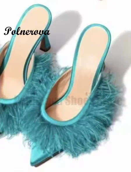 

Feather Stiletto Heels Mules Slippers Sexy Pointy Toe Slip On Slippers Novelty Designer Elegant Ladies Party Zapatos Para Mujere