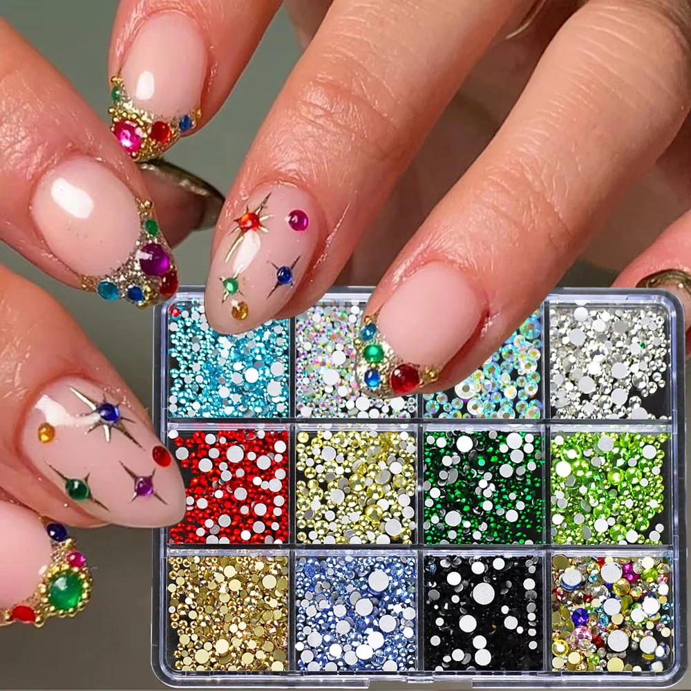 12Grids/1Box Sparkling Colorful Rhinestones Nail Charms 1-5mm Mixed Mini AB/Red Color Crystal Flatback Gems Versatile Decor Part