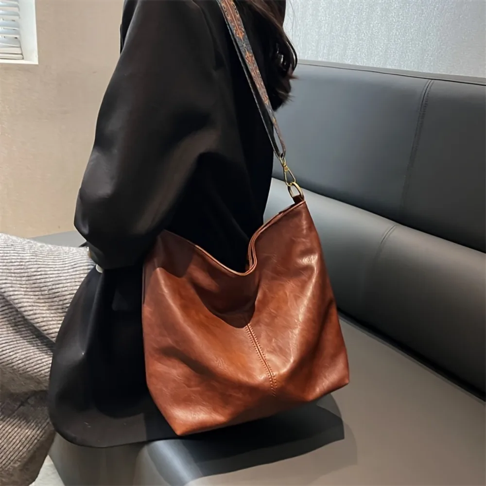 Damen Vintage PU-Leder Schultertasche Große Kapazität Hobo-Tasche Lässige Umhängetasche Tägliche Pendler-Einkaufstasche in Unifarbe – Detail 8