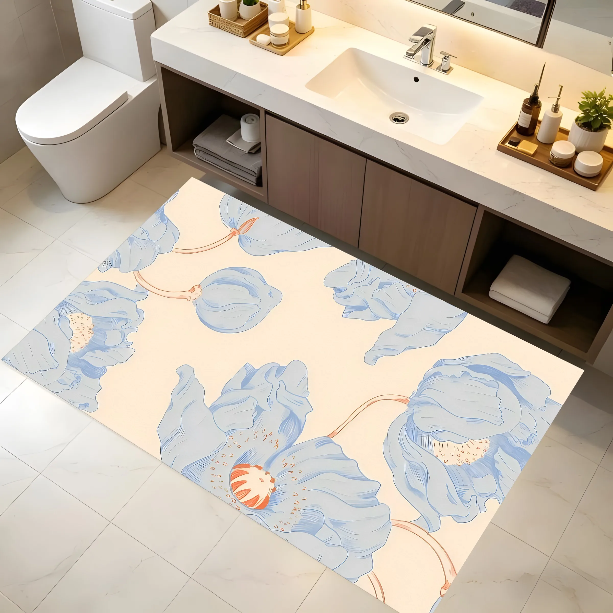 Milky White Light Blue Poppy Floral Rug Soft Velvet Area Carpet Living Room Bedroom Coffee Table