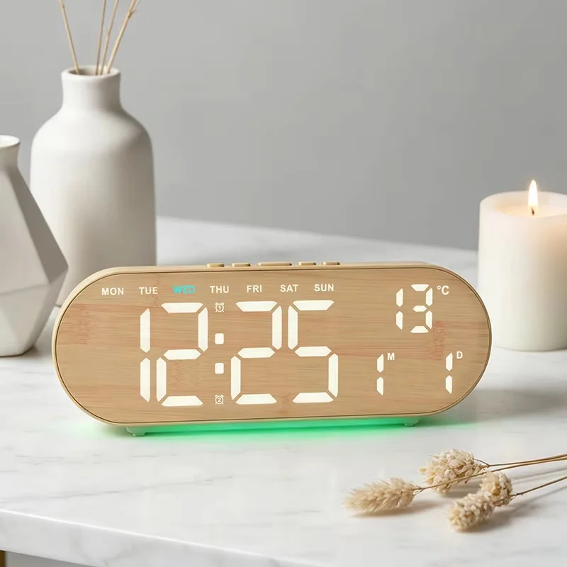 Digital Alarm Clock with Ambient Light TEMP Week Date Count-up Countdown Snooze Table Clock 12/24H Bedside LED Clock