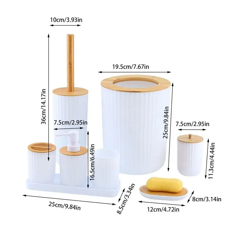 ชุดอุปกรณ์ห้องน้ำ7ชิ้นประกอบด้วย Bin แปรงห้องน้ำถังขยะเครื่องจ่ายสบู่เหลวแปรงสีฟันถ้วยจานสบู่ผู้ถือ Q-Tip ผู้ถือ