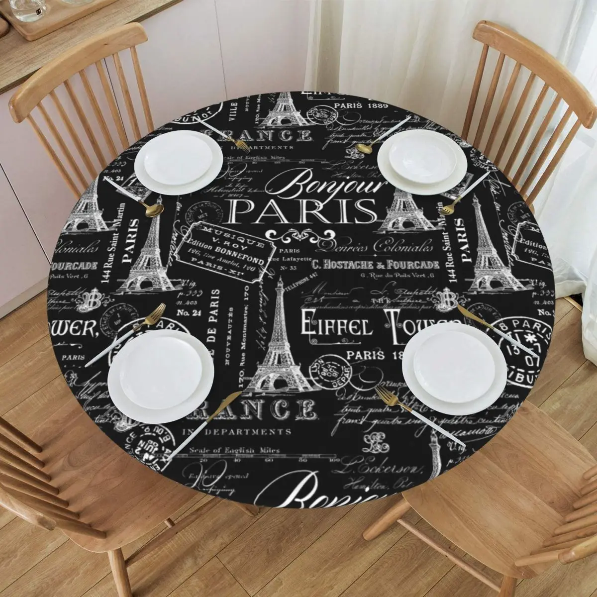 Vintage Paris French Lifestyle With Eiffel Tower Waterproof Round Tablecloth Table Cloth for Kitchen Events Dining Table Cover
