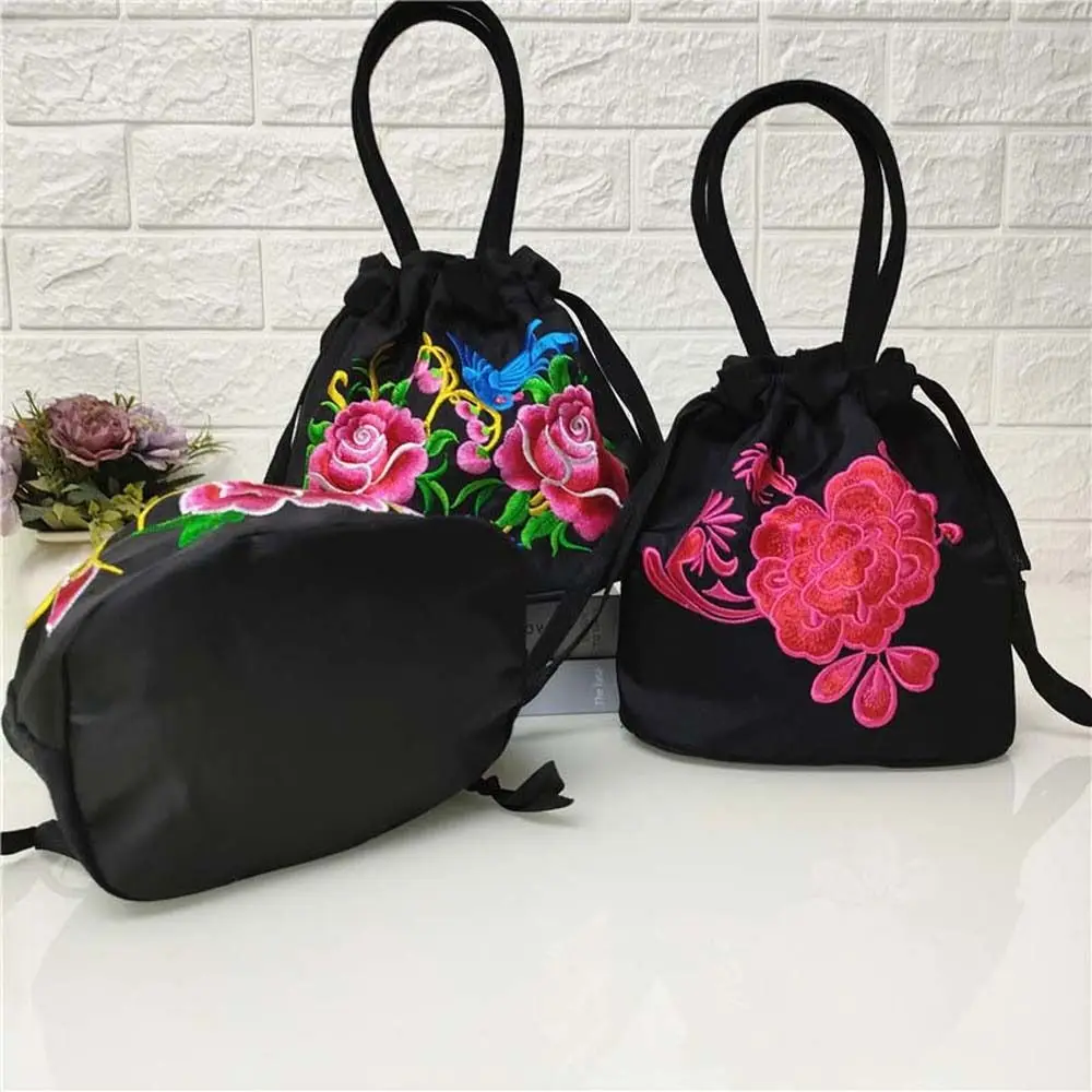 Cetim seda hanfu drawstrings saco, estilo étnico, rosa flor bordada, flor bolsa, coreano armazenamento, telefone bolsa carteira pequena