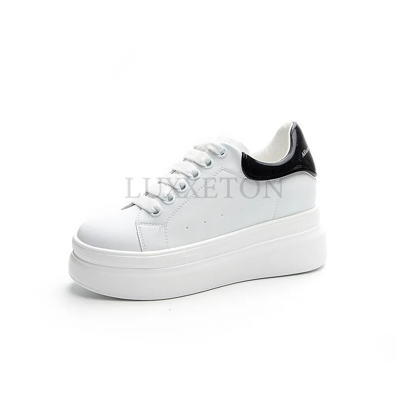 Genuine Leather Round Toe Thick Sole with Raised Inner Height Women's Small White Shoes Casual and Versatile Board Shoes