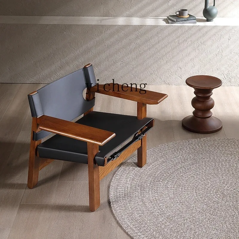 Modern Simple Thickened Solid Wood Single Sofa Chair Medieval Saddle Leather ChairD24