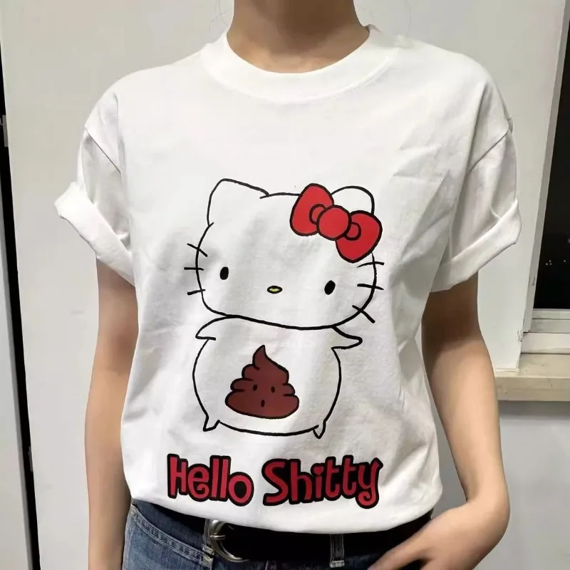 

New Sanrio Short-sleeved Hello Kitty Printed T-shirt Cartoon Cute Loose Round Neck Top Pure Cotton Breathable Girl Bestie Gift