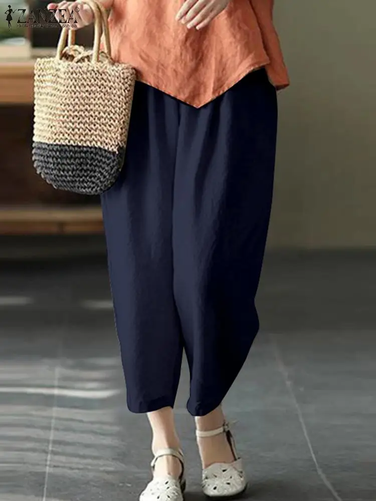 

ZANZEA 2024 Summer Casual Harem Pants Women Loose Elastic Waist Pantalon Vintage Simple Cropped Pants Holiday Wide Leg Trousers