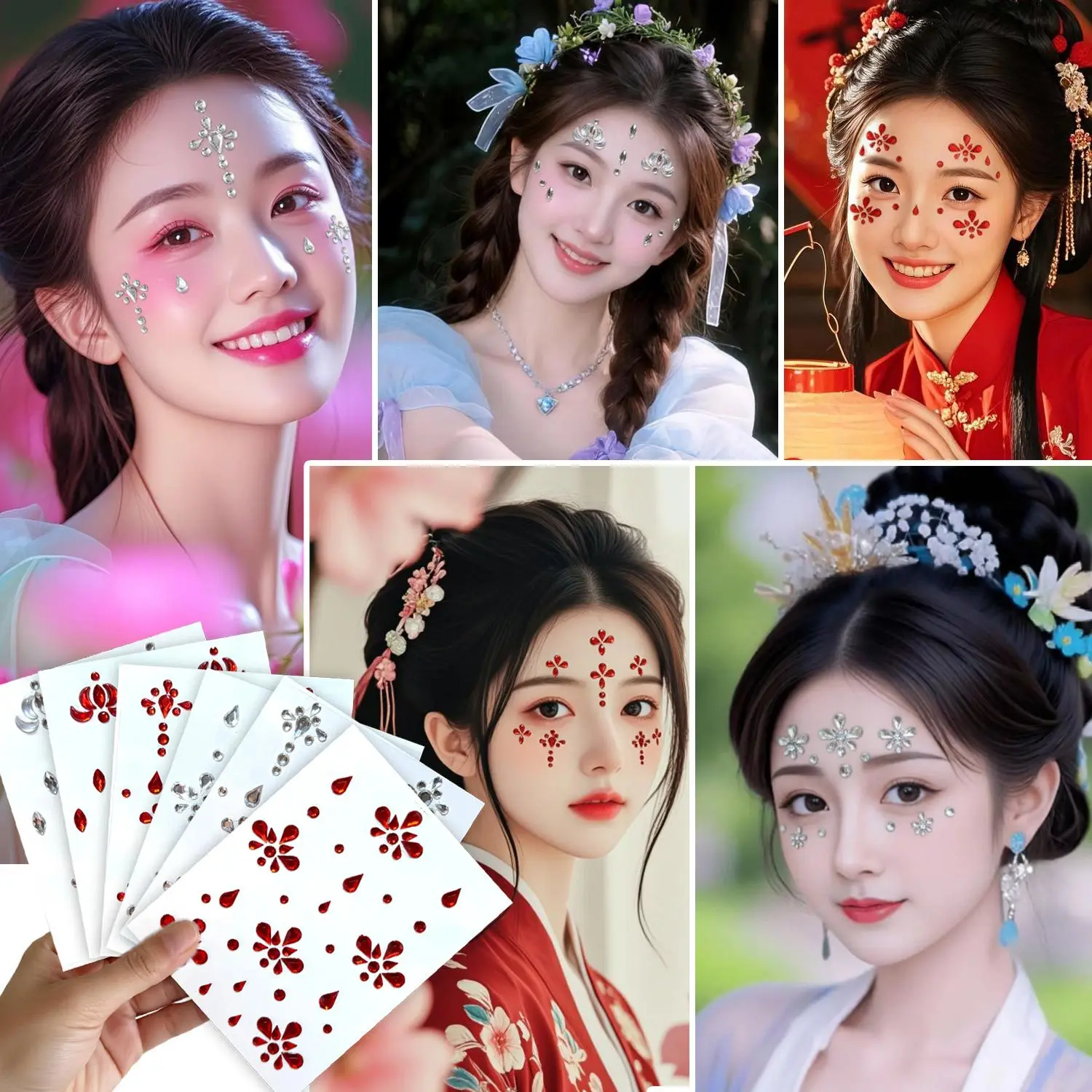 Self Adhesive Pearl Forehead Decal Rhinestone Ancient Makeup Dot Sticker DIY Traditional Flower for Bridal Stage Glamour