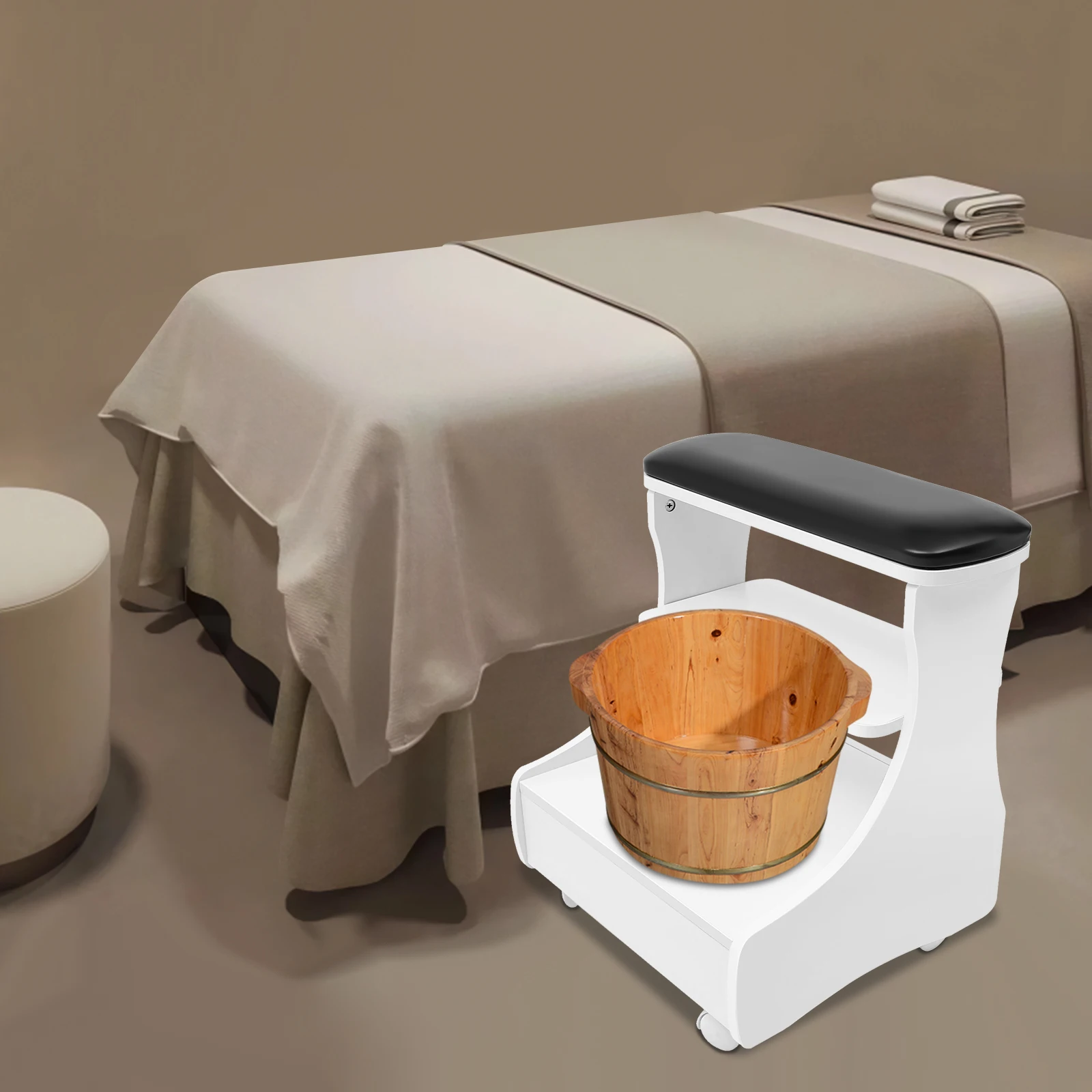 

Foot Spa Stool, Pedicure Stool with Wheels, Beauty Salon Foot Massage Chair, MDF Sponge PVC, 20kg Capacity, Easy Assembly, for Foot Bath Manicure, Home Bathroom Salon Clinic, Modern Style, White Black, Floor Standing, 52x41x55cm