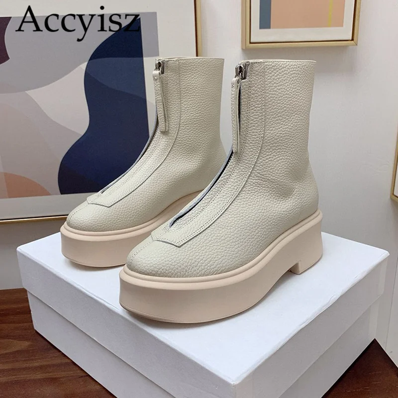 

2024 autumn leather thick soled round toe ankle boots for women solid color height increasing casual versatile short boots