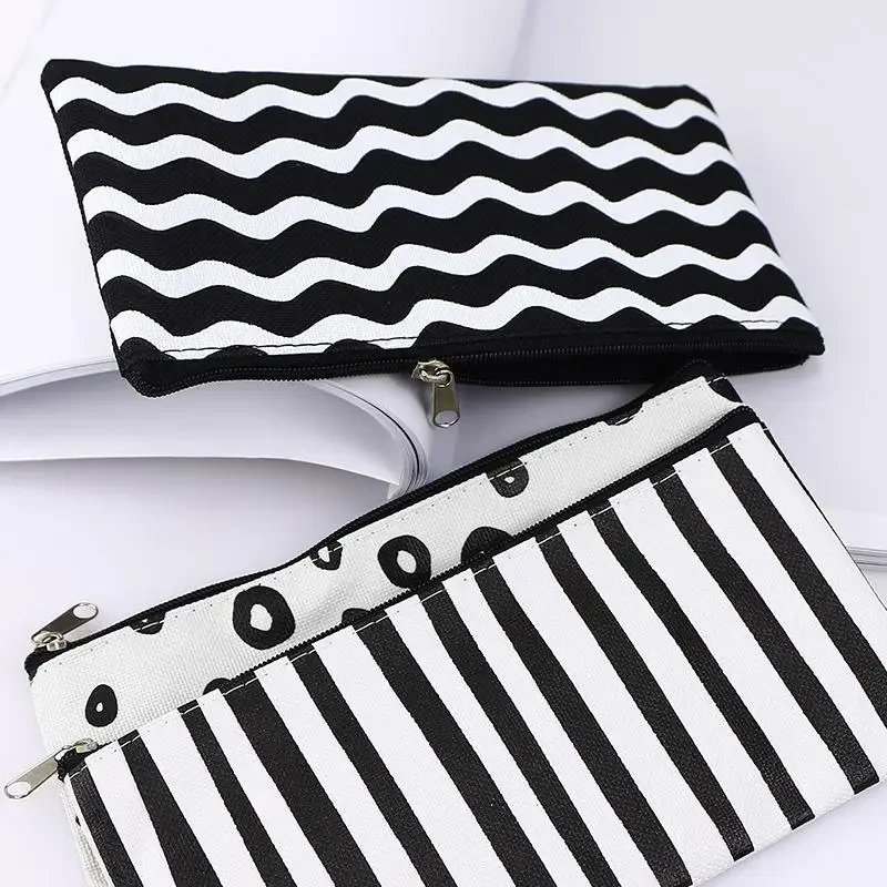 Simple Black and White Wavy Striped Pencil Case Creative Oxford Cloth