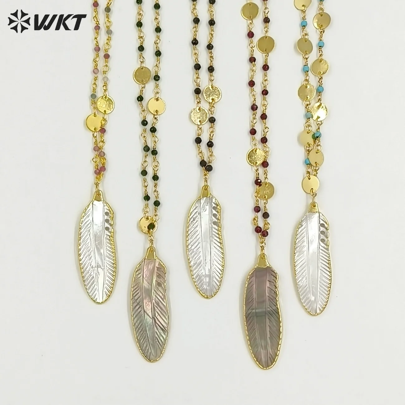 WT-JN400 Grey And White Feather Shape With Rosary Beads Chain Necklace Short 16Inch collarbone Chain Daily Decorative