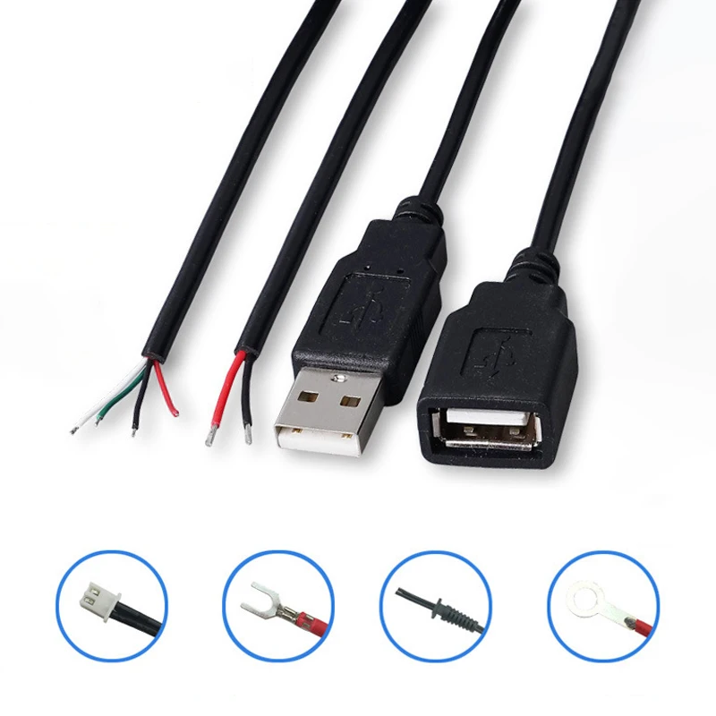 Kabel catu daya 0.3m/1m/2m, kabel ekstensi catu daya 2 Pin USB 2.0 A Female Male 4 Pin kawat Jack pengisian daya konektor 5V Line