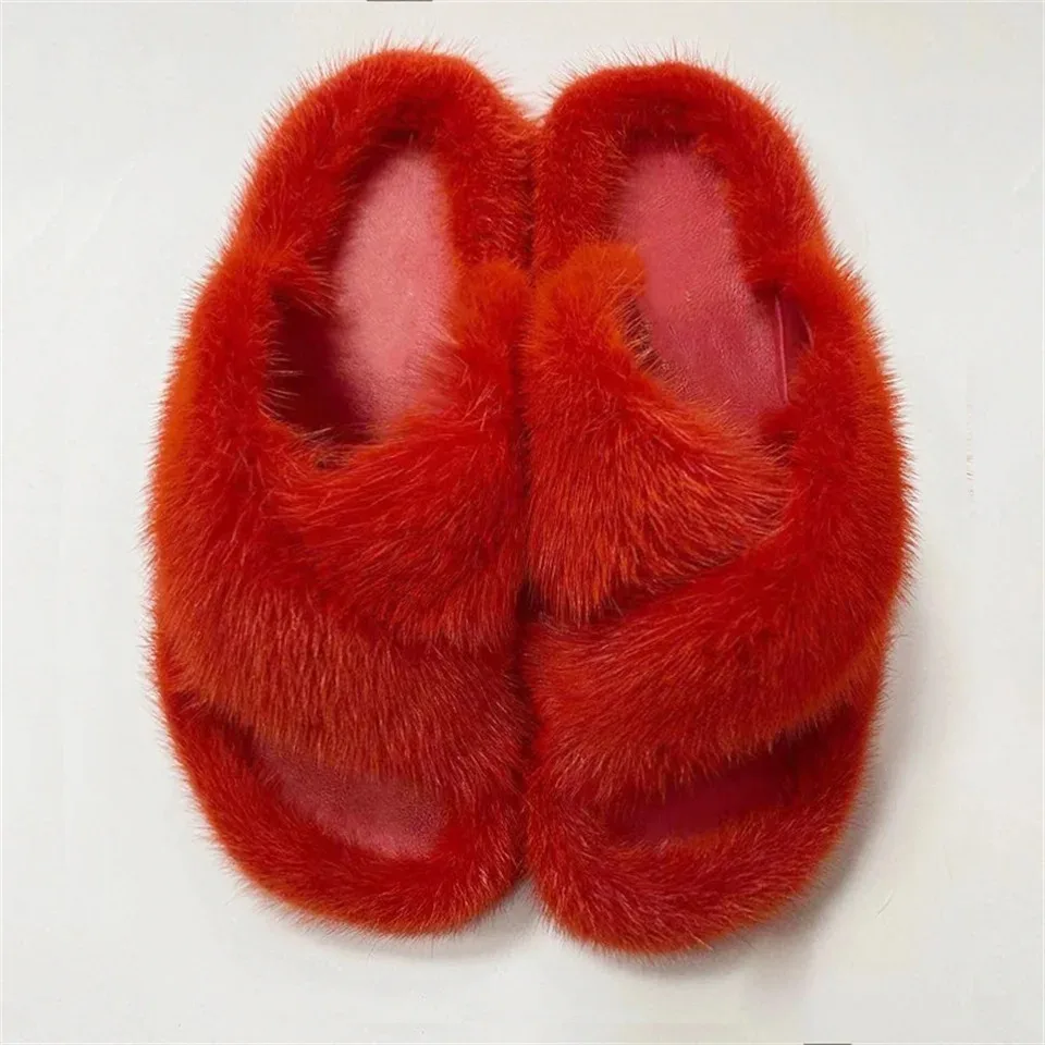 Flauschige Echte Nerzfell-Damenhausschuhe für Innenbereich Herbst Winter Luxus-Designer-Slipper Lässige Hauspantoffeln aus Flauschigem Nerzfell – Detail 9