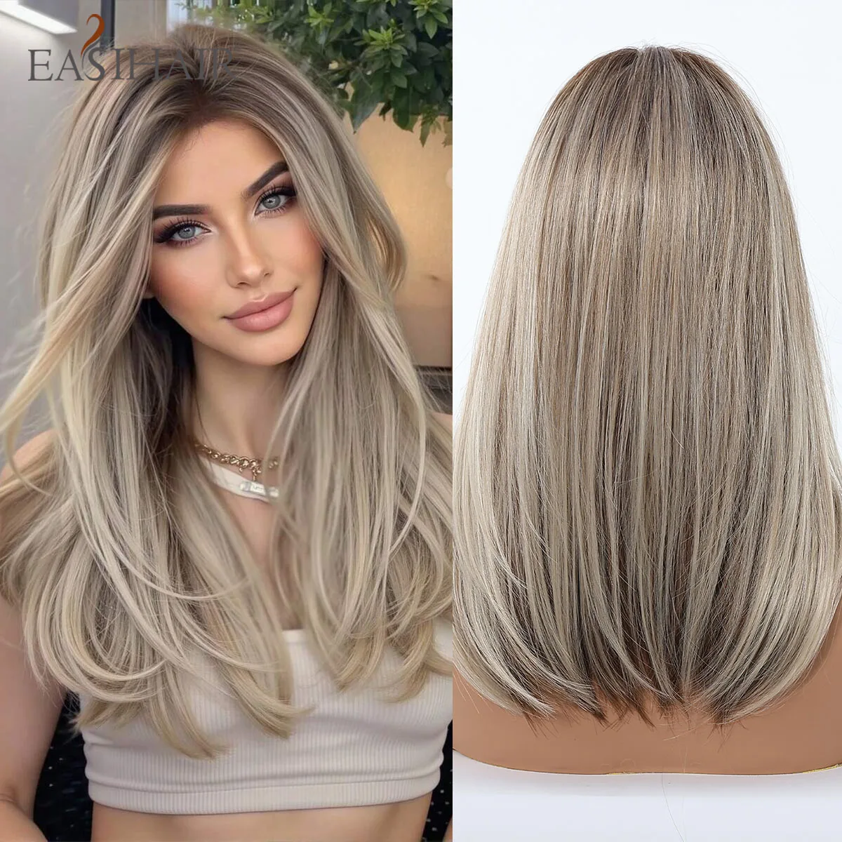 

EASIHAIR Gray Brown Synthetic Wigs Medium Length Light Brown Straight Hair Layered Wigs Heat Resistant Daily Use 16in Wig