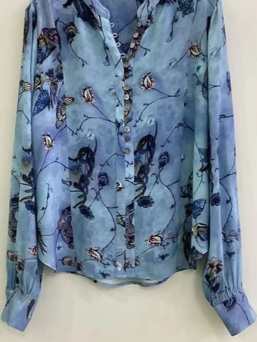 Butterfly Printed Women's Blue Silk Shirt Spring Single Breasted Stand Collar Long Sleeve Elegant Ladies Blouse