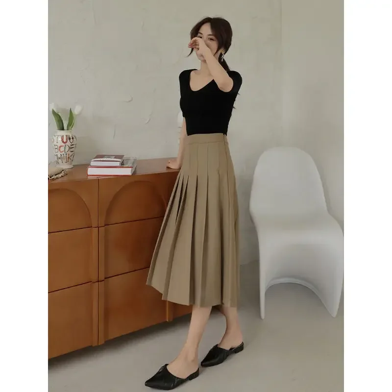 Khaki Black Midi Long Skirt High Waist Pleated Skirts,korean clothing women ladies temperament graceful chic elegant vintage y2k