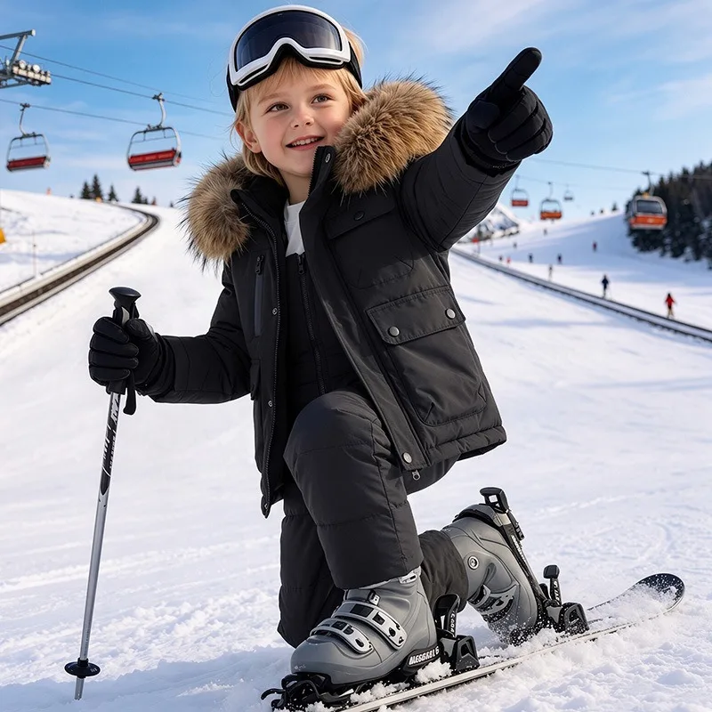 2pcs Set UNITIM Winter 2026 Children Down Jacket Jumpsuit Suit Faux Fur Hooded Boys Snowsuit 1-5Y Baby Thicken Jacket for Girls