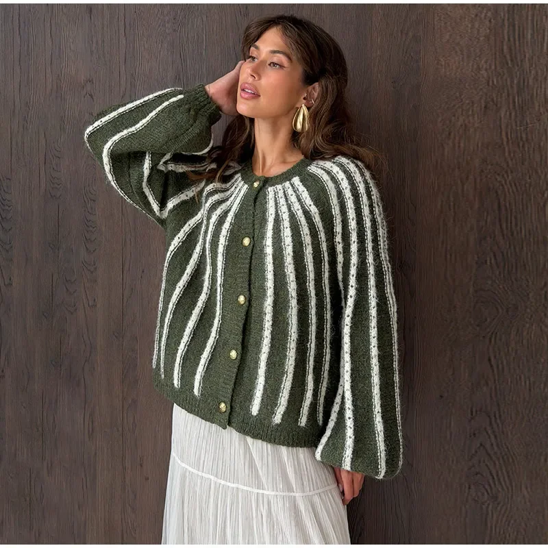 Damen-Strickwaren, gestreift, mit einzelnen Knopfleisten, gestrickte Strickjacke, Herbst, Damen, Rundhalsausschnitt, lange Ärmel, lockere Strickjacken, neue Streetwear – Detail 13