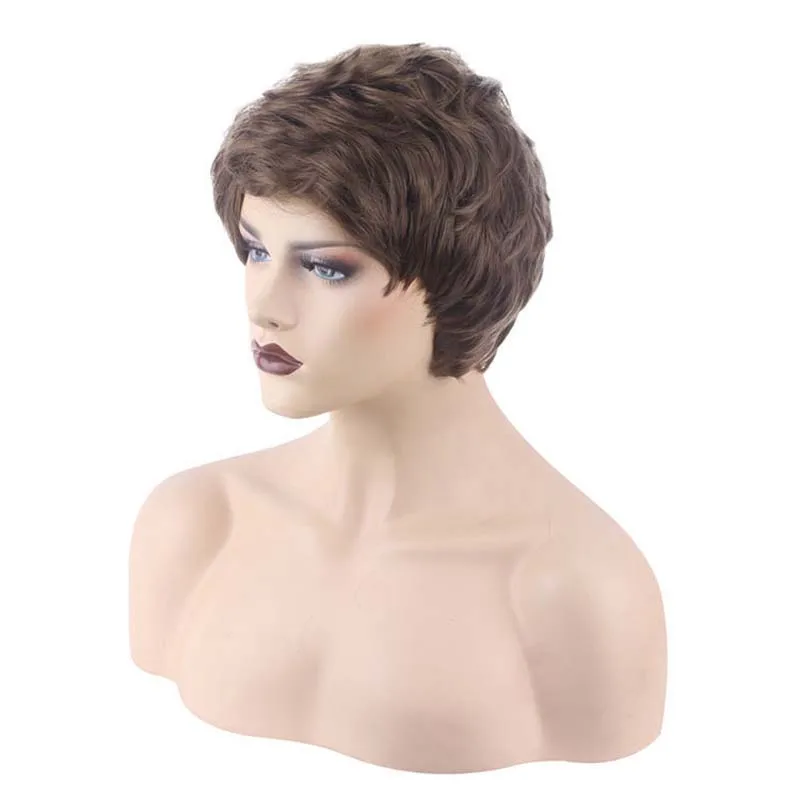 Synthetic Hair Brown Wig with Bangs Natural Short Curly Wig for White Woman High Temperature Ombre Mommy Wig for Daily Wear