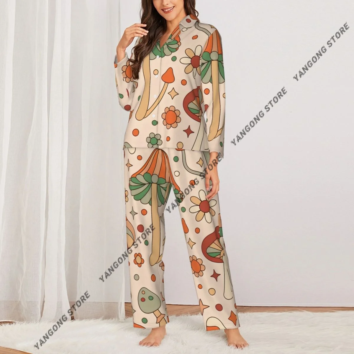 Spring and Autumn Long Sleeve Pants Pajamas Loungewear Set Mushrooms Daisy Flowers Retro Women's Pull Edge Loose Sleeping Suit