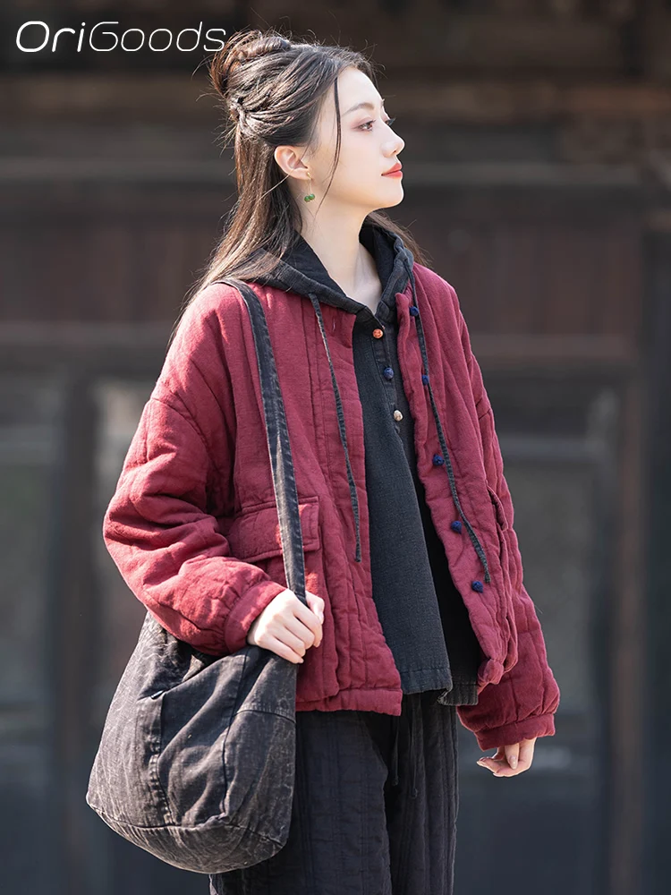 OriGoods Padded Jacket Women Ramie Cotton Loose Warm Winter Coat Chinese Traditional Style Clothes Padded Coats Woman 2024 C001