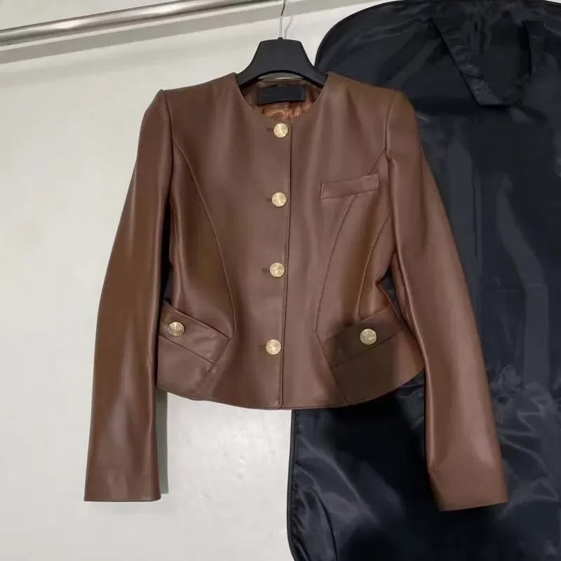 Veste en cuir véritable à col rond pour femme, vêtements à boutonnage simple, décoration de poche, manteau de printemps et d'automne, haute qualité