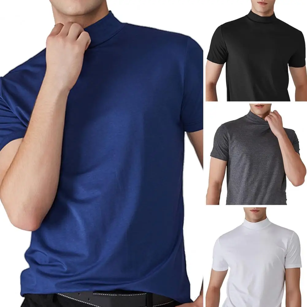 Men Half High Collar T-shirt Slim Fit Quick-drying Sports Tee Shirt Short Sleeve Elastic Summer Casual Thin Pullover Tee Shirt