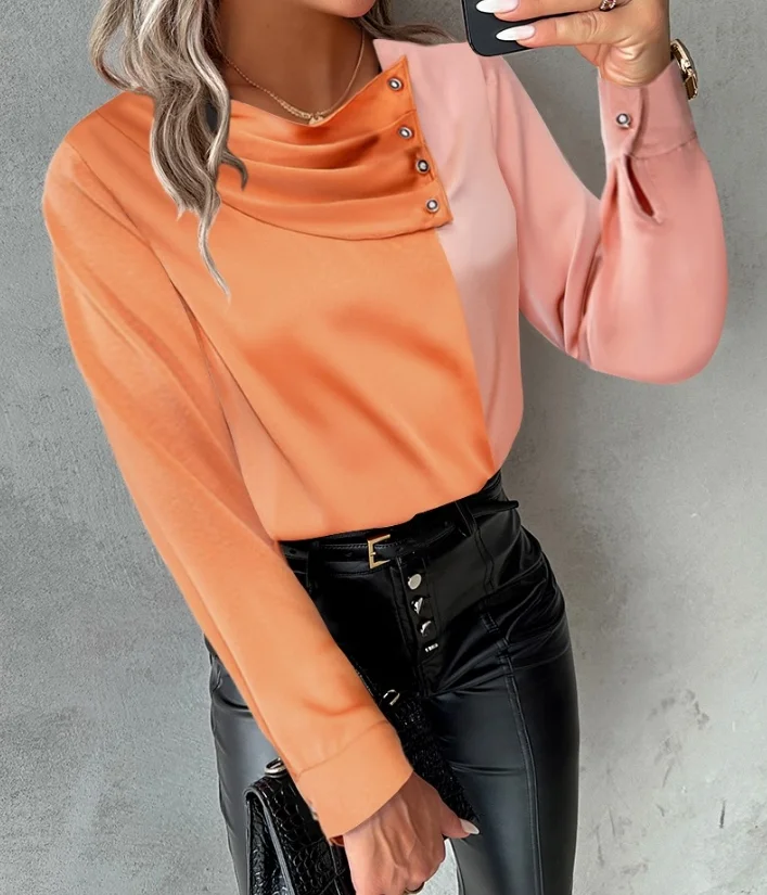 

Fashion Woman Blouse 2024 Spring Colorblock Asymmetrical Neck Ruched Casual Long Sleeve Button Daily Top Y2K Clothes