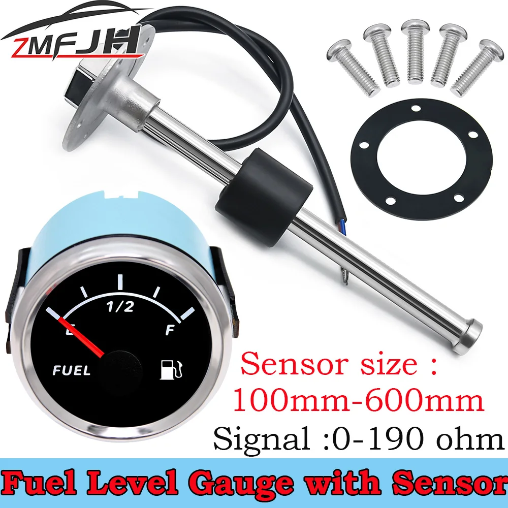 52mm Fuel Level Meter With Red Backlight Fuel Level Gauge With Fuel Level Sensor 0-190 Ohm Oil Indicator Range 100-600mm Senor