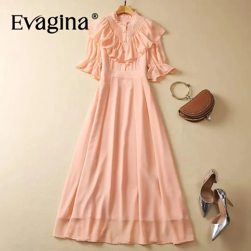 

Evagina Fashion Women's Chiffon Stand-Up Collar Flare Sleeved High-Waisted Flounced Edge Slim-Fit Single-Breasted Maxi Dress