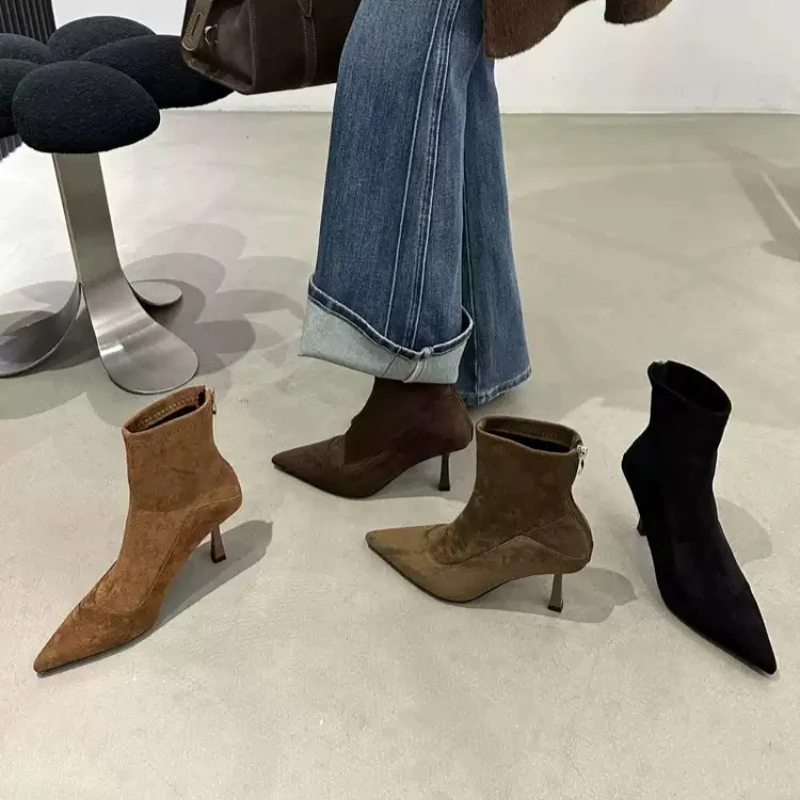 Winter fashion French-style pointed-toe high-heeled short boots for women with suede surface and large size for fashion wear.