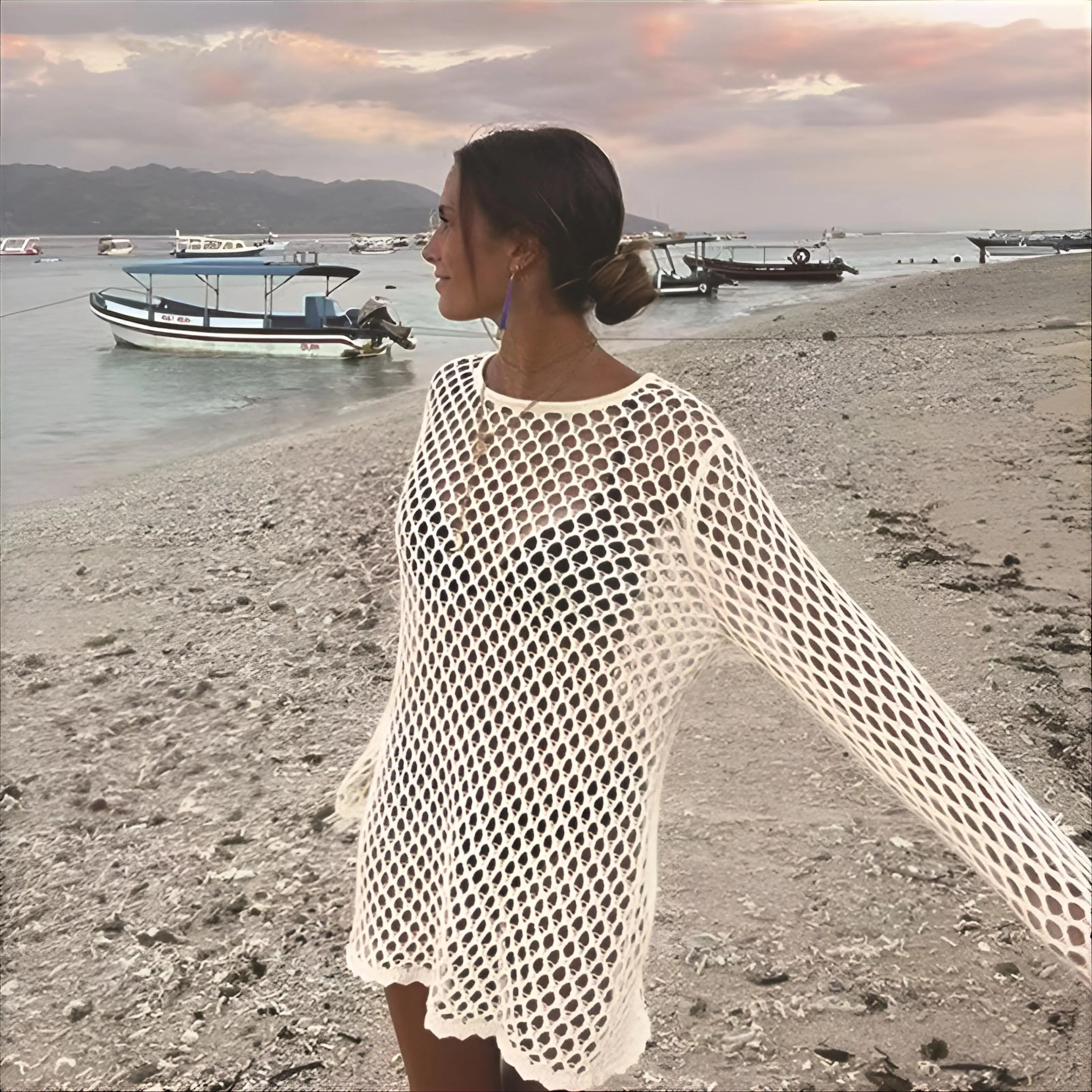 ชุดคลุมชายหาดผู้หญิง ลายหนังงู ป้องกันการโป๊ แขนหลวม สไตล์ฮิปปี้ ผ้าทอ ทรงเข้ารูป