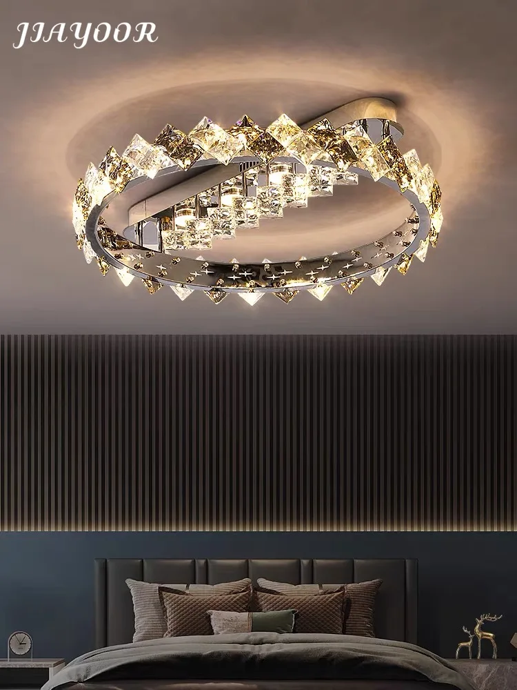 2026 Modern Luxury LED Dimmable Ceiling Light Bright Gray Crystal Living Room Lamp Bedroom Chrome Ring Ceiling Light Changeable
