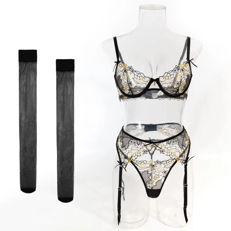 

Bikini with intricate heavy embroidery, sheer mesh, seductive and sexy, with contrasting color bow lingerie paired with stocking