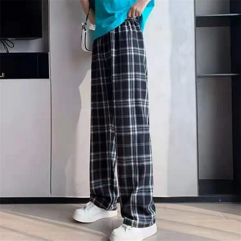 

Vintage Plaid Thin Pants Women High Waist Wide Leg Trousers Summer Loose Casual Female Fashion Streetwear Straight Trousers 2023