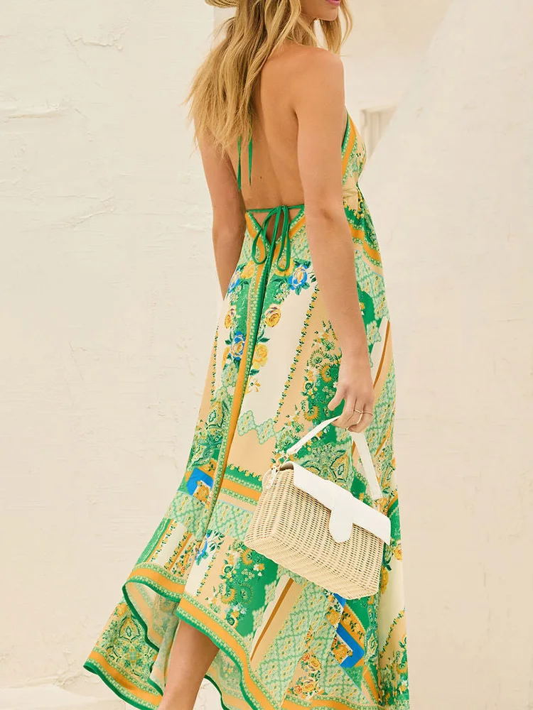Damska letnia sukienka z nadrukiem, patchworkowa, elegancka sukienka na imprezę, bandażowa, prosta sukienka maxi bez rękawów, dekolt w szpic, sukienka damska bez pleców 2025