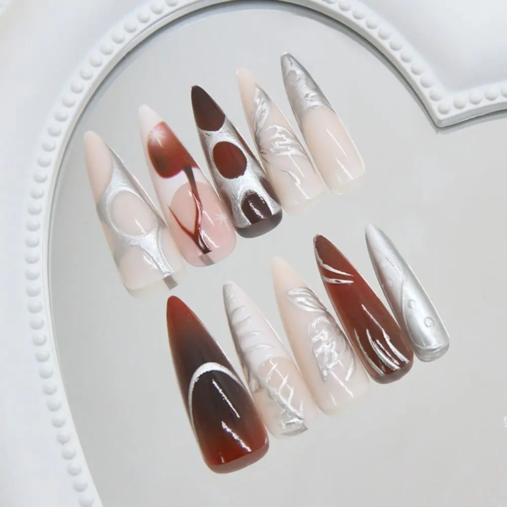 

24pcs Long Almond False Nails Stiletto Metallic Wings Press on Nails Detachable with Irregular Stripes French Nail Tips DIY