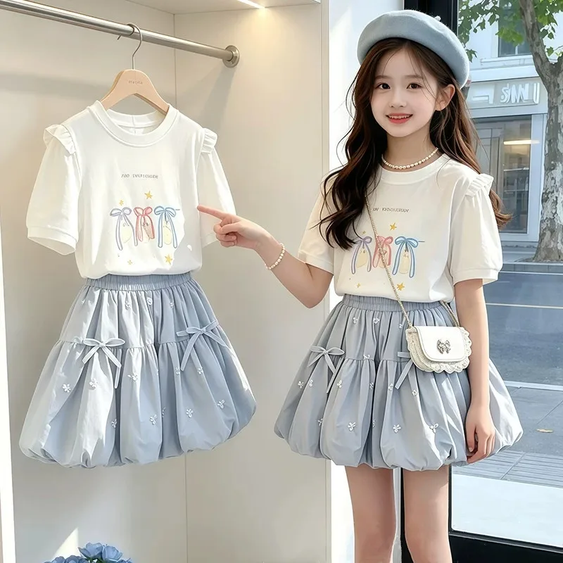 2pcs Set 2026 Summer Girls Clothes Children Suit Teenager Short Sleeve Loose Bow T Shirt Top + Tutu Skirt 4 5 8 9 10 11 12 Year